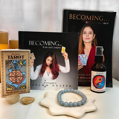 Tarot Mastery Bundle - Becoming Vol I & II, Citrine Tumble, Aura Cleansing Spray, Angelite Bracelet, Tarot Deck