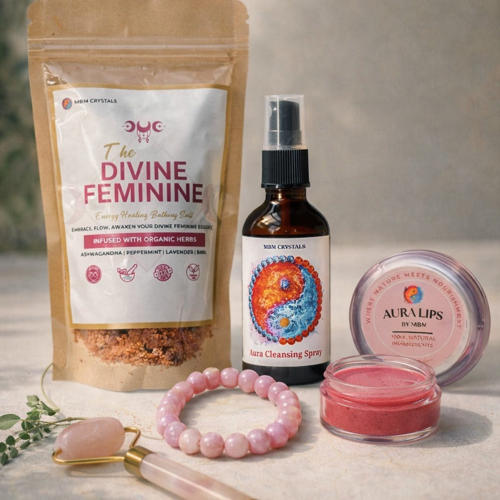FEMININE HEALING KIT - Kunzite Bracelet, Lip Balm, Rose Quartz Roller, Cleansing Mist & Bath Salts