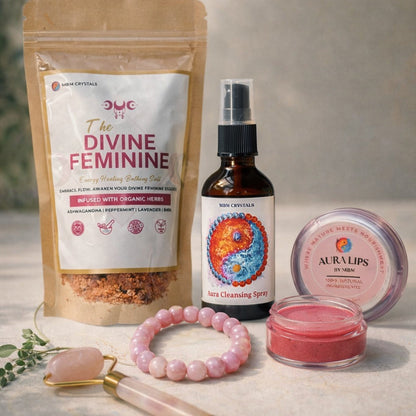 FEMININE HEALING KIT - Kunzite Bracelet, Lip Balm, Rose Quartz Roller, Cleansing Mist & Bath Salts