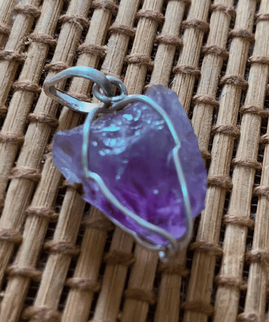 Raw Amethyst Pendant Carved in Pure Silver